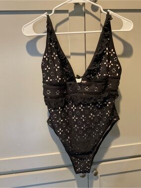 J. Crew Black Eyelet Ruffle Deep V One-Piece Swimsuit